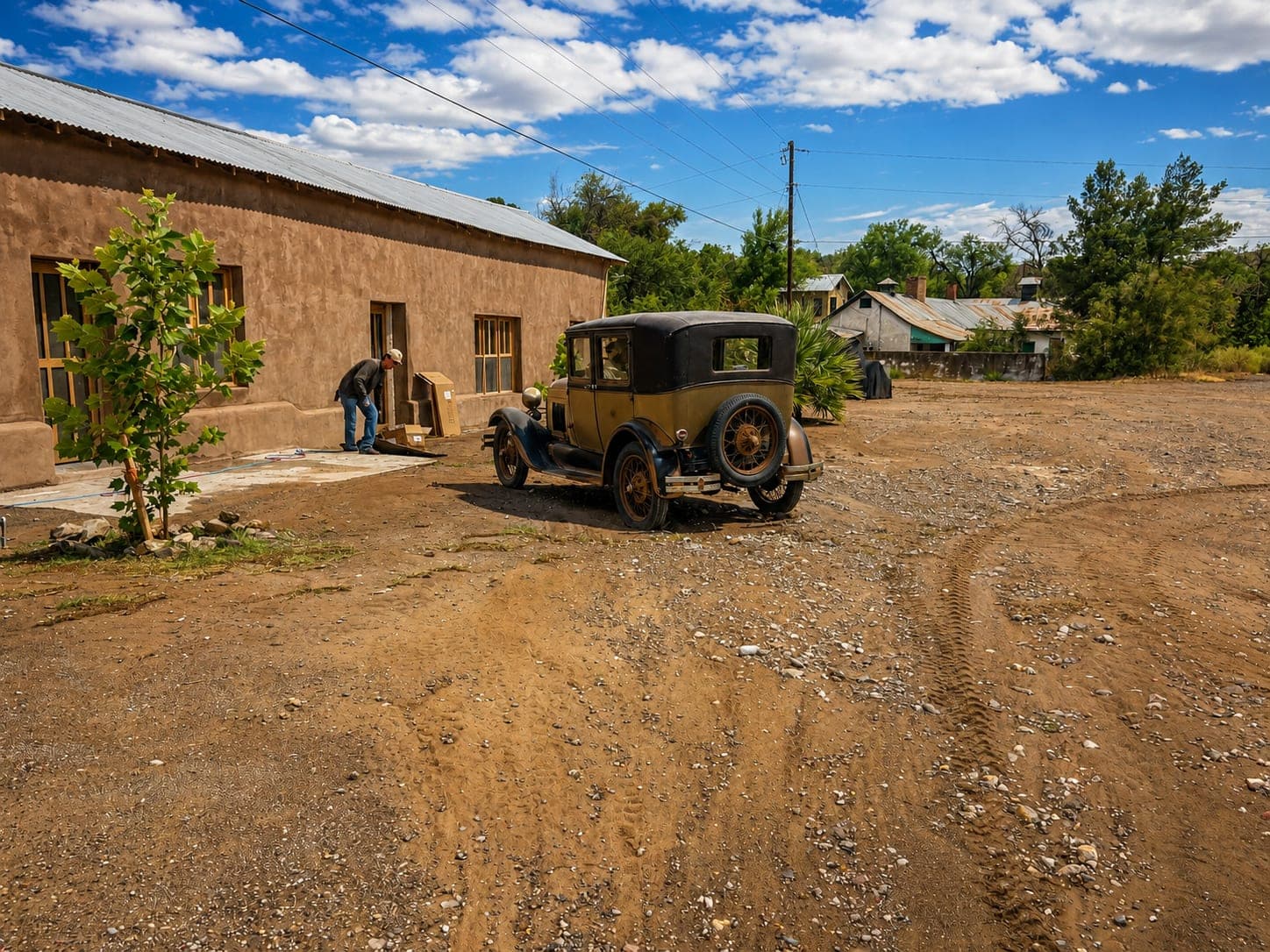 An adobe house on a Shafter street, with a vintage car outside